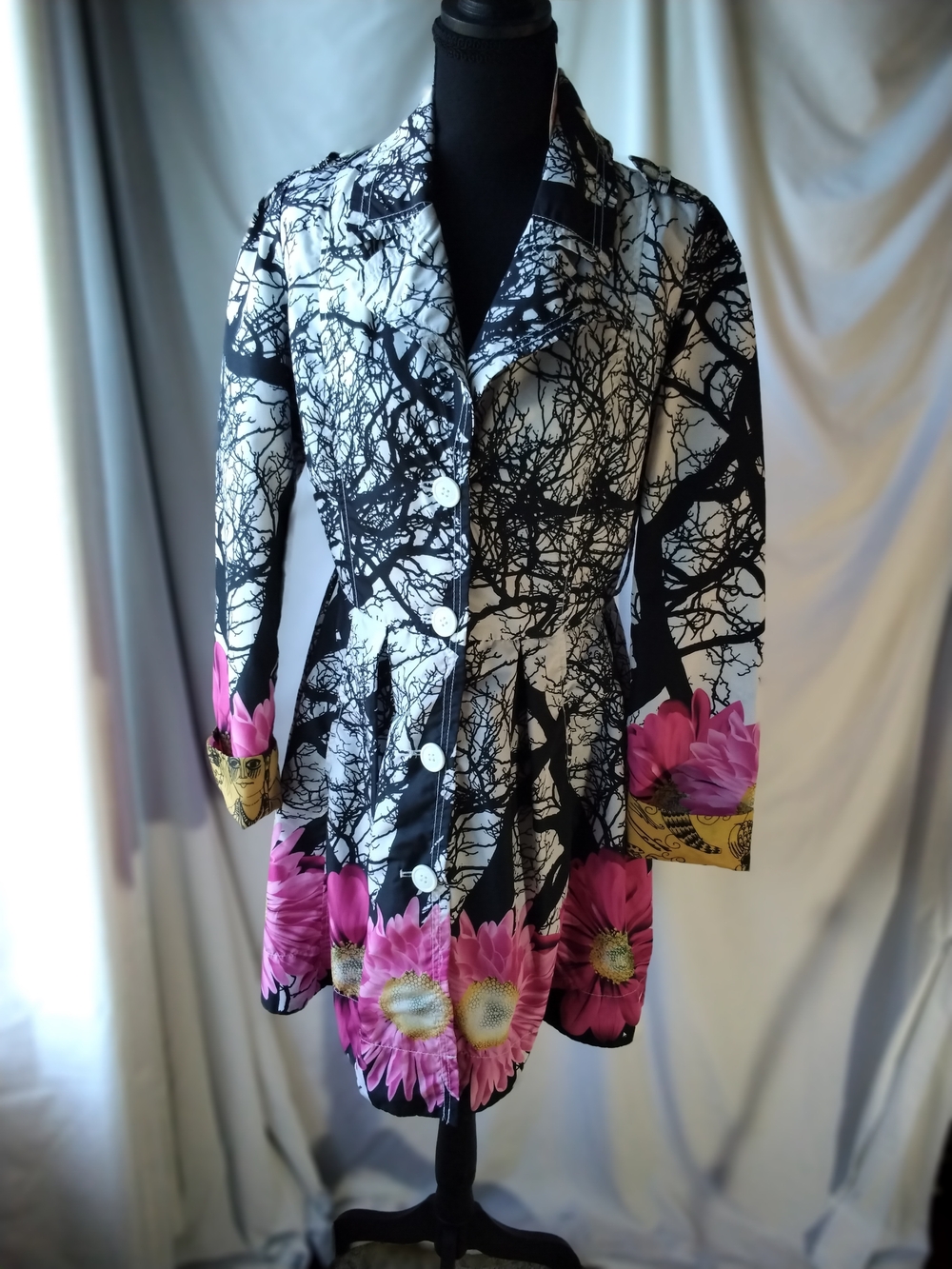 Desigual Black & White Floral-Trim Women's Dress with Pink Accents